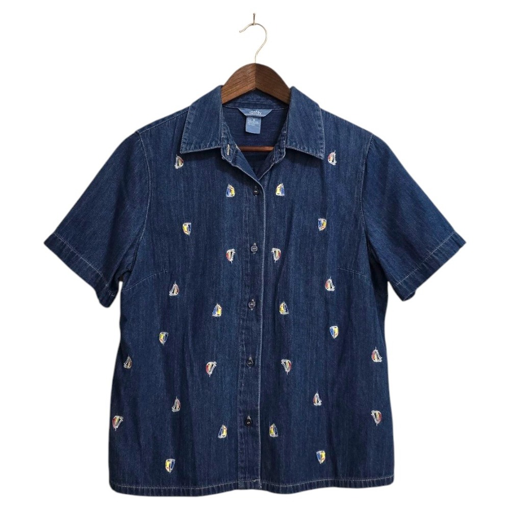 Napa Valley Embroidered Nautical Short Sleeve Denim Casual Button Down Sz M